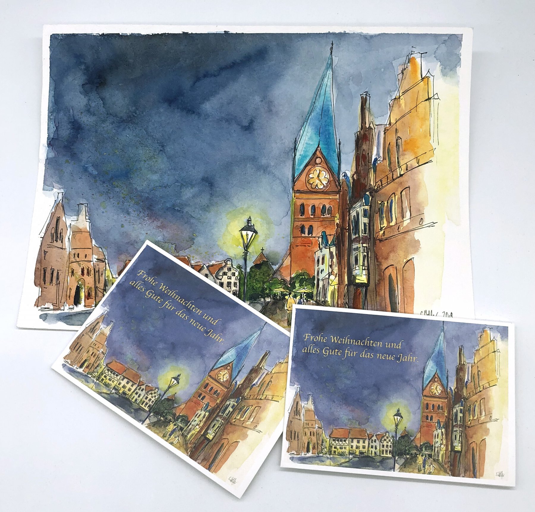 Weihnachten: Lüneburg Am Sande. Original-Aquarell und Klappkarte