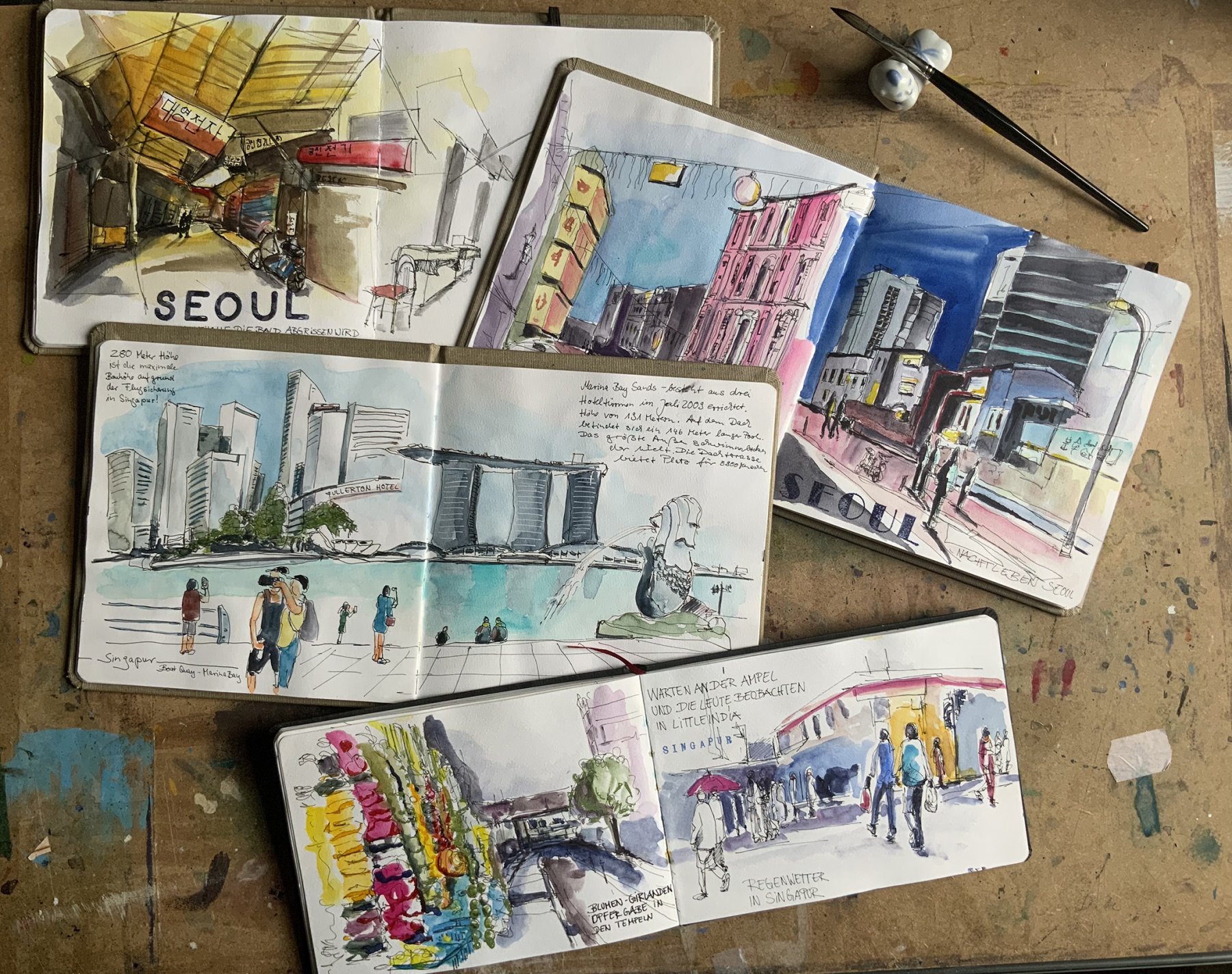 Marina Bay in Singapur sowie das indische Viertel, dazu Bilder aus Seoul, oben links der alte Markt, der bald abgerissen wird.