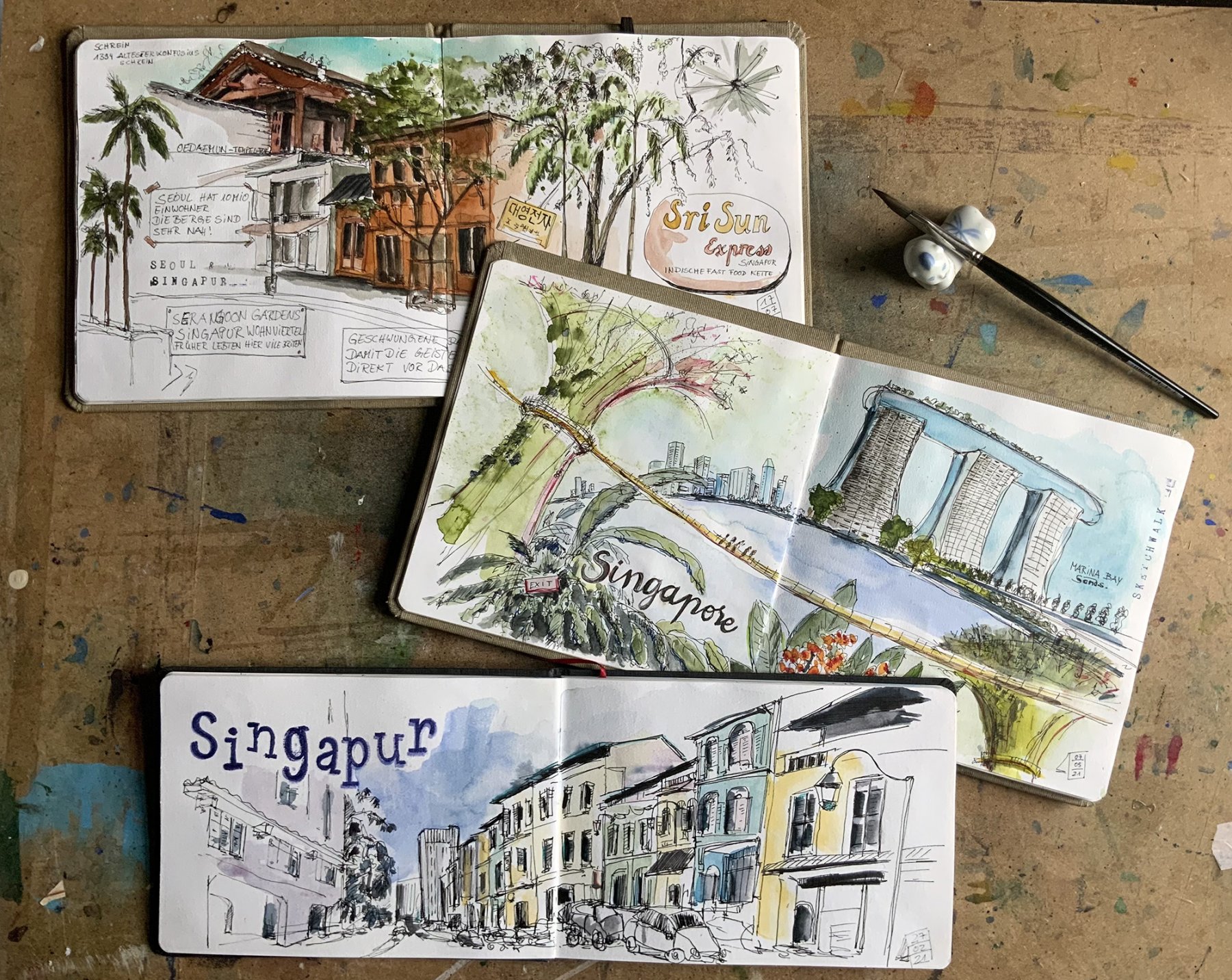 Eine Collage aus Seoul und Singapur (oben links), Marina Bay in Singapur sowie ein typischer Straßenzug mit alten Häusern