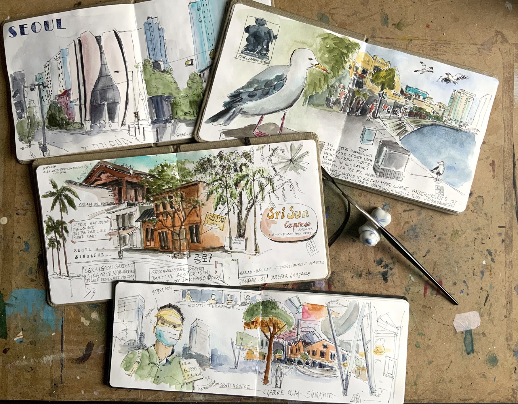 Unten unser Guide Dominik mit Mundschutz unterwegs in Singapur