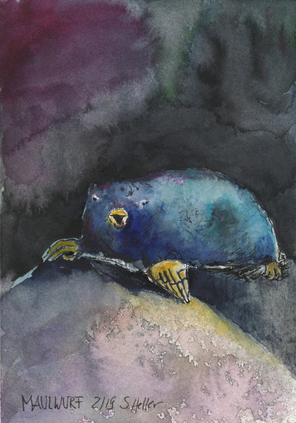 02 Maulwurf 1; 2-2019; Aquarell und Tusche; 9x14 cm