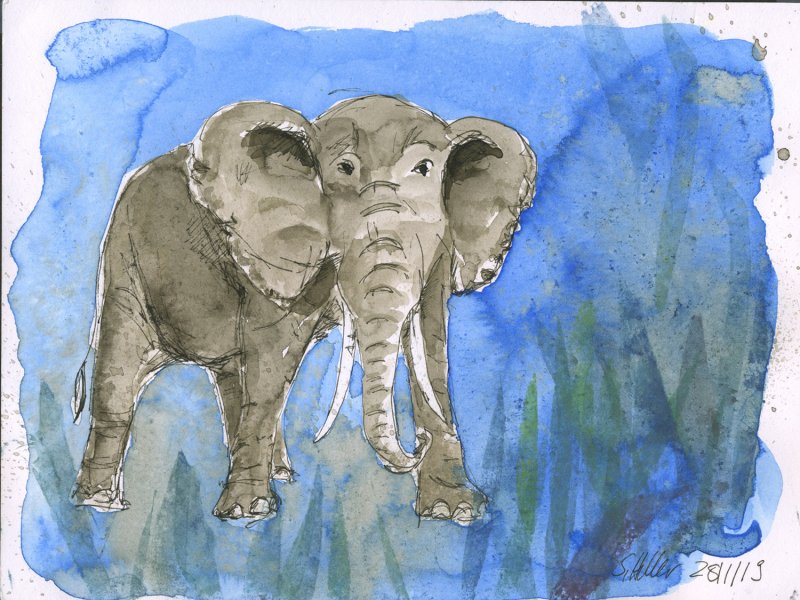 Elefant im Blau, Tusche und Gouache