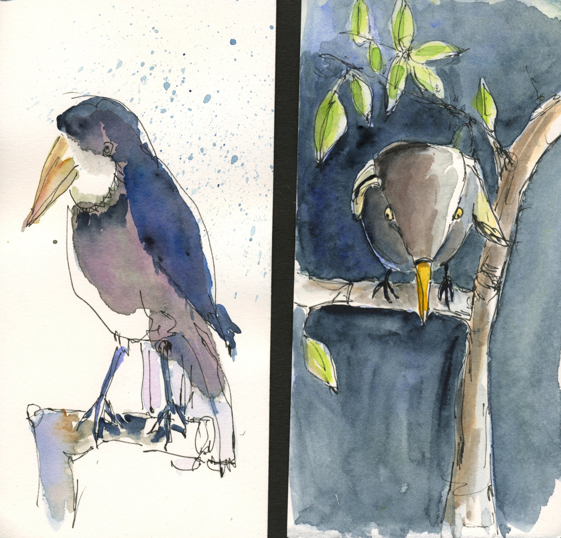 zwei kleine Vögel 2019, Aquarell