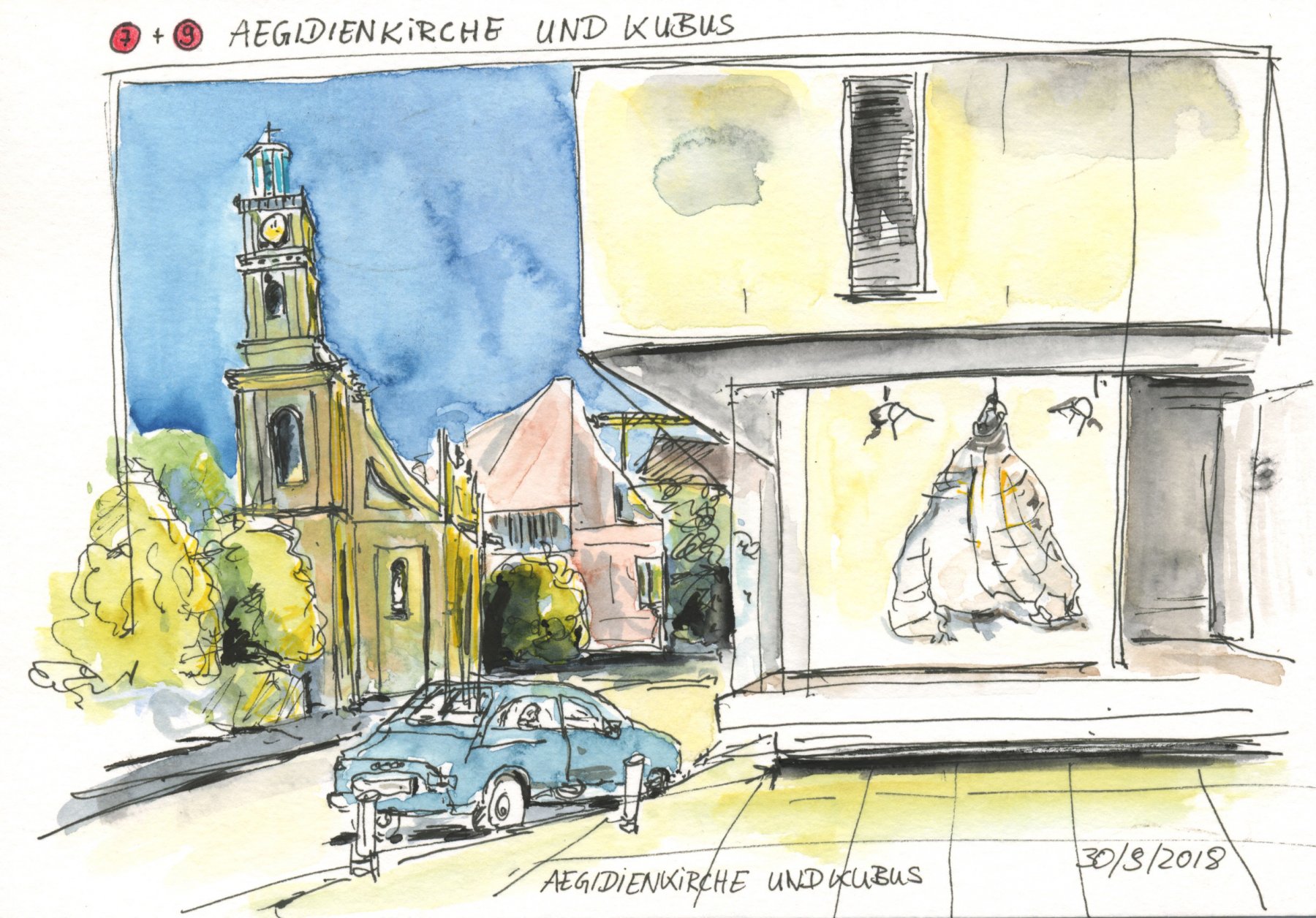 07 Kubus und Aegidienkirche --- 21 x 14,8 cm, Aquarell und Tuschestift auf Postkartenblock 