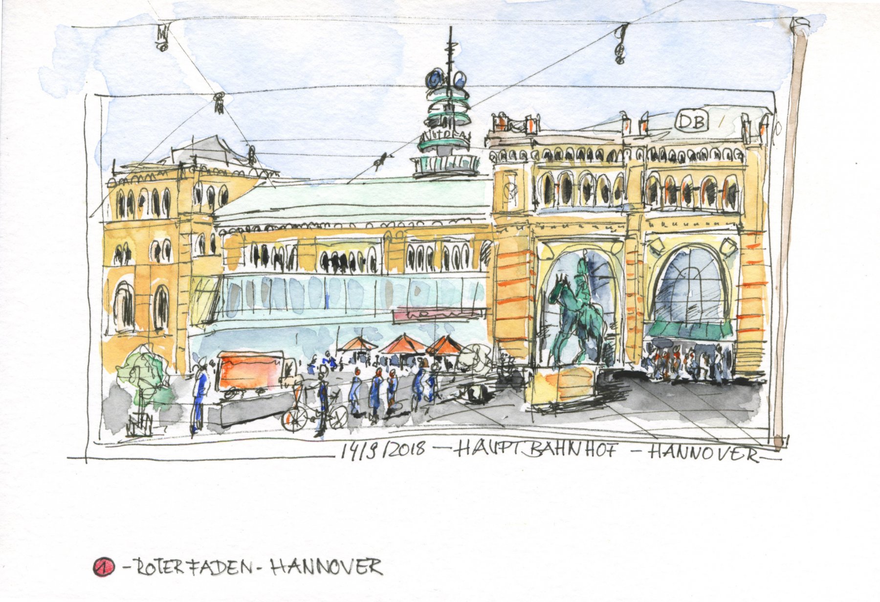 1 Hauptbahnhof Hannover   --- 21 x 14,8 cm, Aquarell und Tuschestift auf Postkartenblock