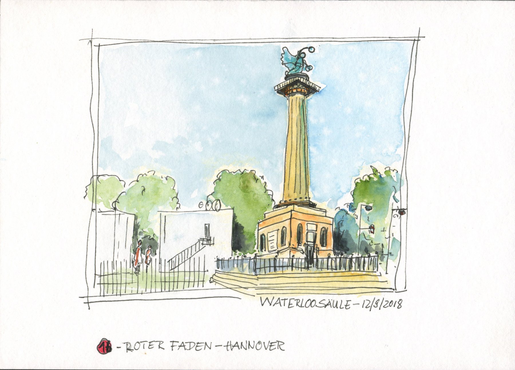 16 Waterloosäule in Hannover  --- 21 x 14,8 cm, Aquarell und Tuschestift auf Postkartenblock