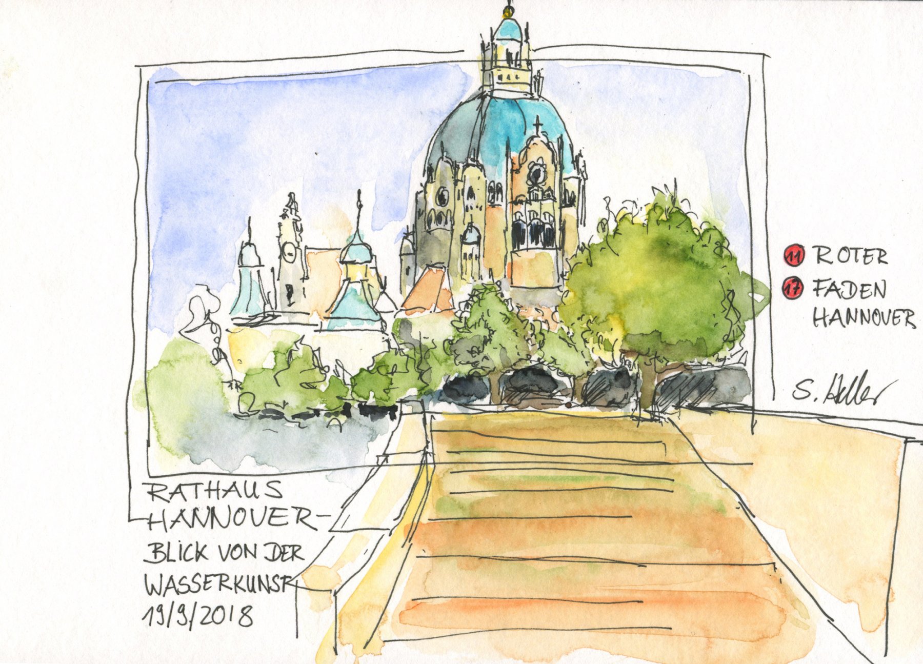 17  Das neue Rathaus vom Standpunkt der Wasserkunst  --- 21x14,8 cm, Aquarell und Tuschestift ###verkauft