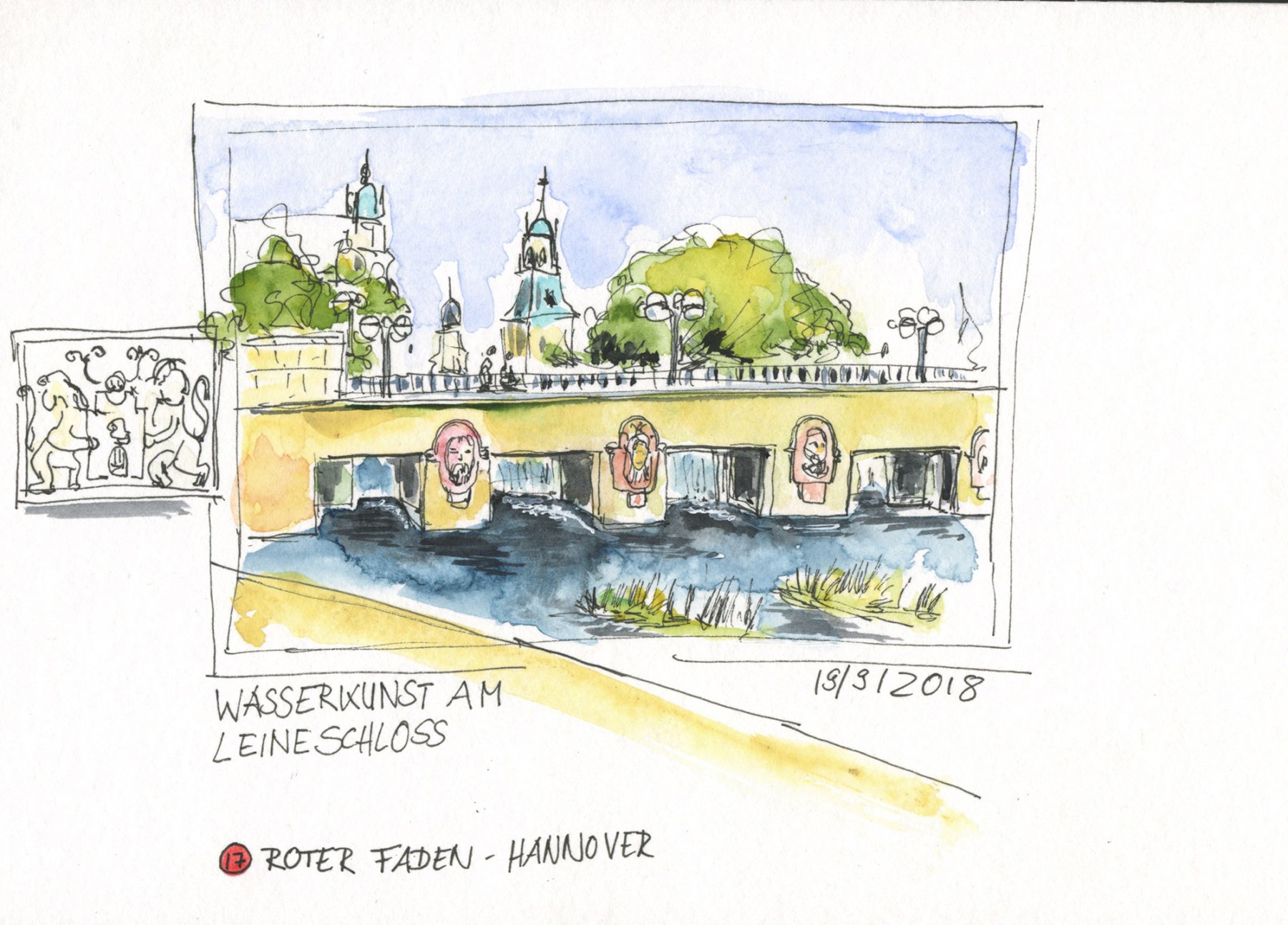 17 Wasserkunst in Hannover Mitte --- 21x14,8 cm, Aquarell und Tuschestift auf Postkartenbloc