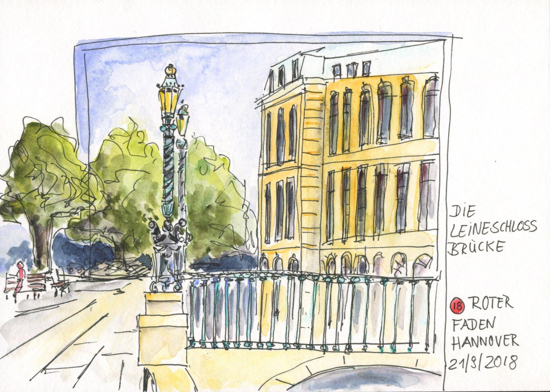 18 Leineschlossbrücke Hannover  --- 21 x 14,8 cm, Aquarell und Tuschestift auf Postkartenblock