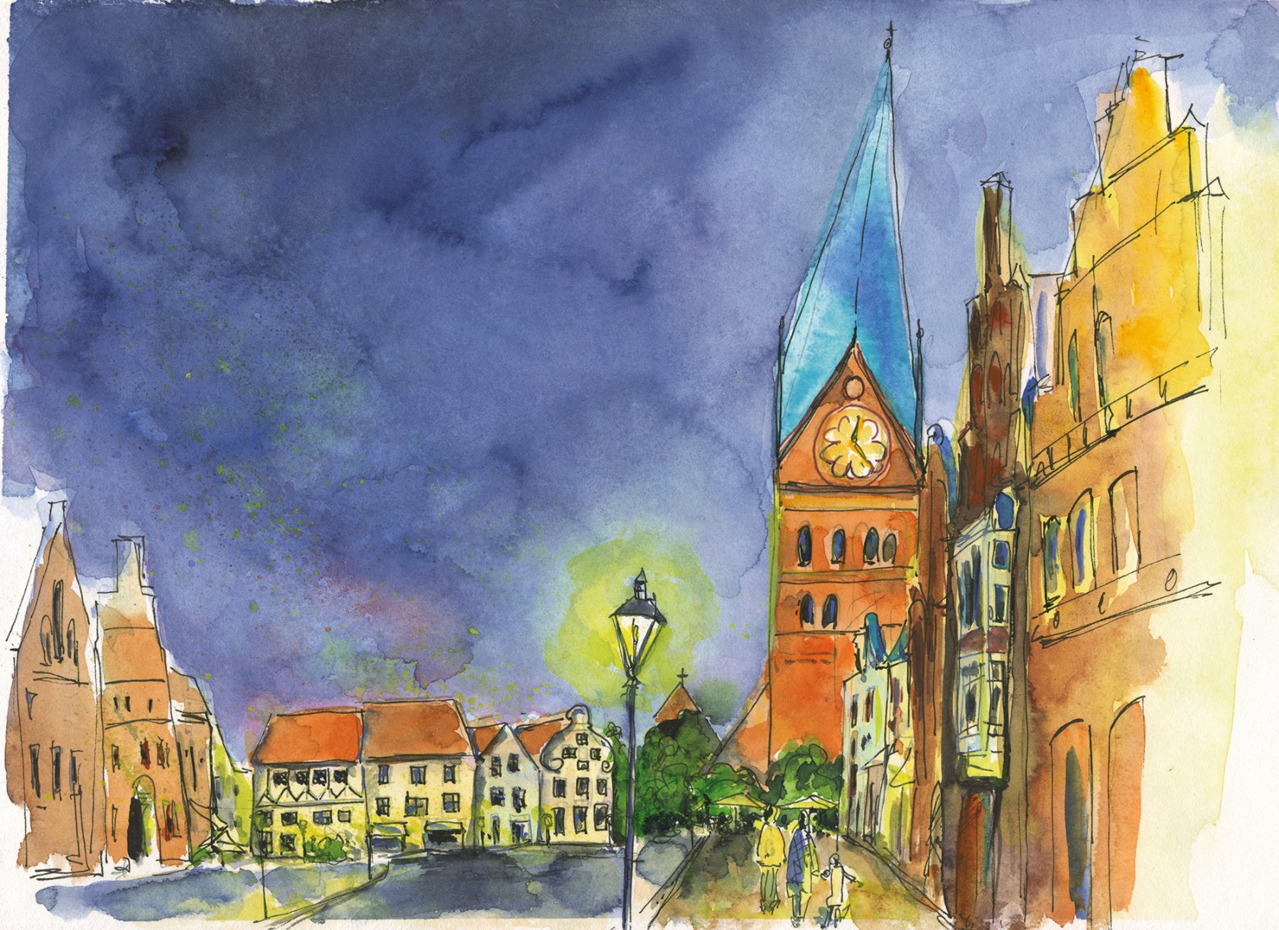 ©Am Sande bei Nacht mit St. Johanniskirche, ca. 30x20 cm 
