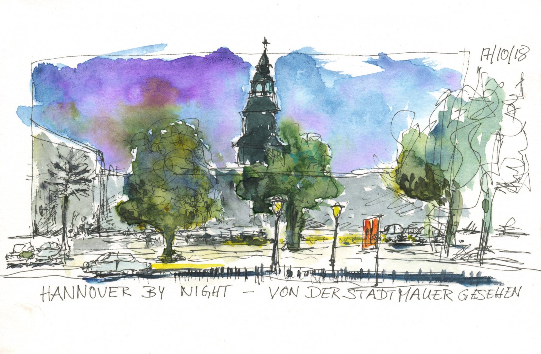 07 Hannover BY Night --- 21 x 14,8 cm, Aquarell und Tuschestift auf Postkartenblock 