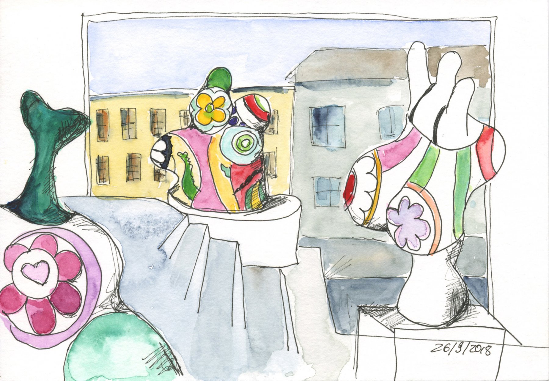 20 Nana 3 von Niki de Saint Phalle  --- 21 x 14,8 cm, Aquarell und Tuschestift auf Postkartenblock 