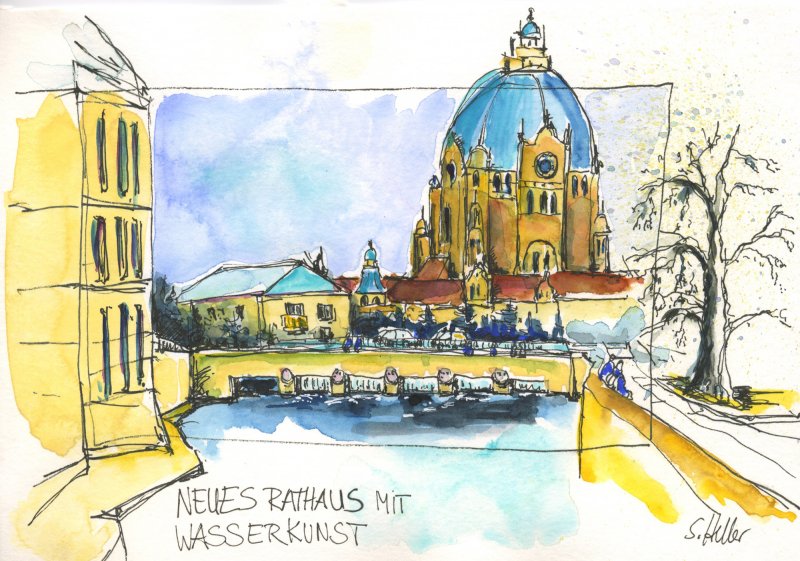 18 Neues Rathaus von der Leineschlossbrücke --- 21 x 14,8 cm, Aquarell und Tuschestift auf Postkartenblock