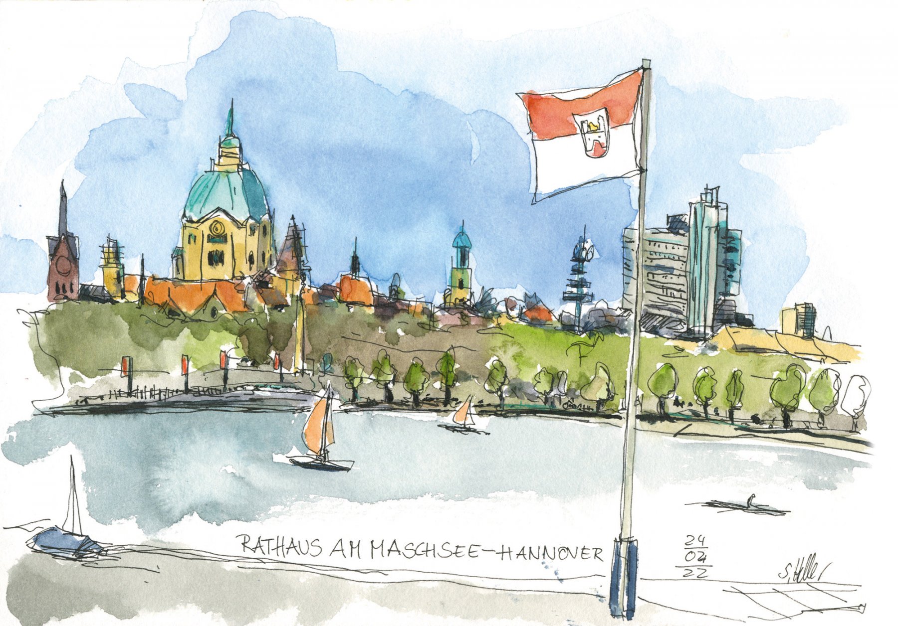 Blick über den Maschsee zum Rathaus