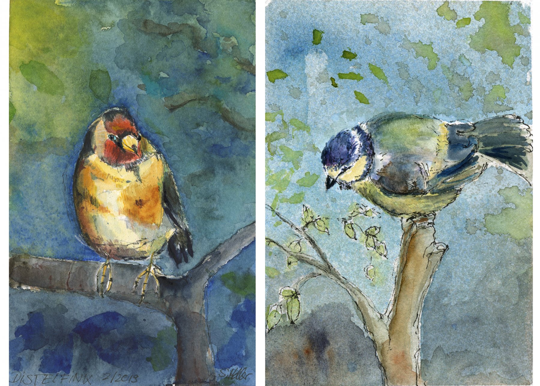 003 Distelfink und Blaumeise 2-2019; Aquarell und Tusche; 9x14 cm